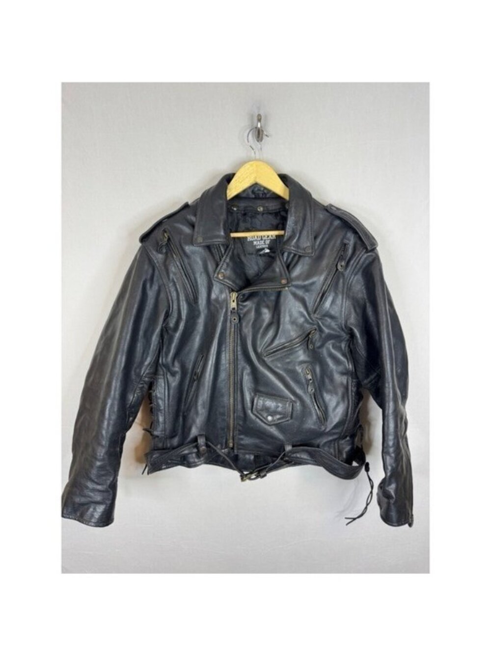 Road Gear Mens Black Leather Motorcycle Biker Jacket Belted Insulated Vintage 46